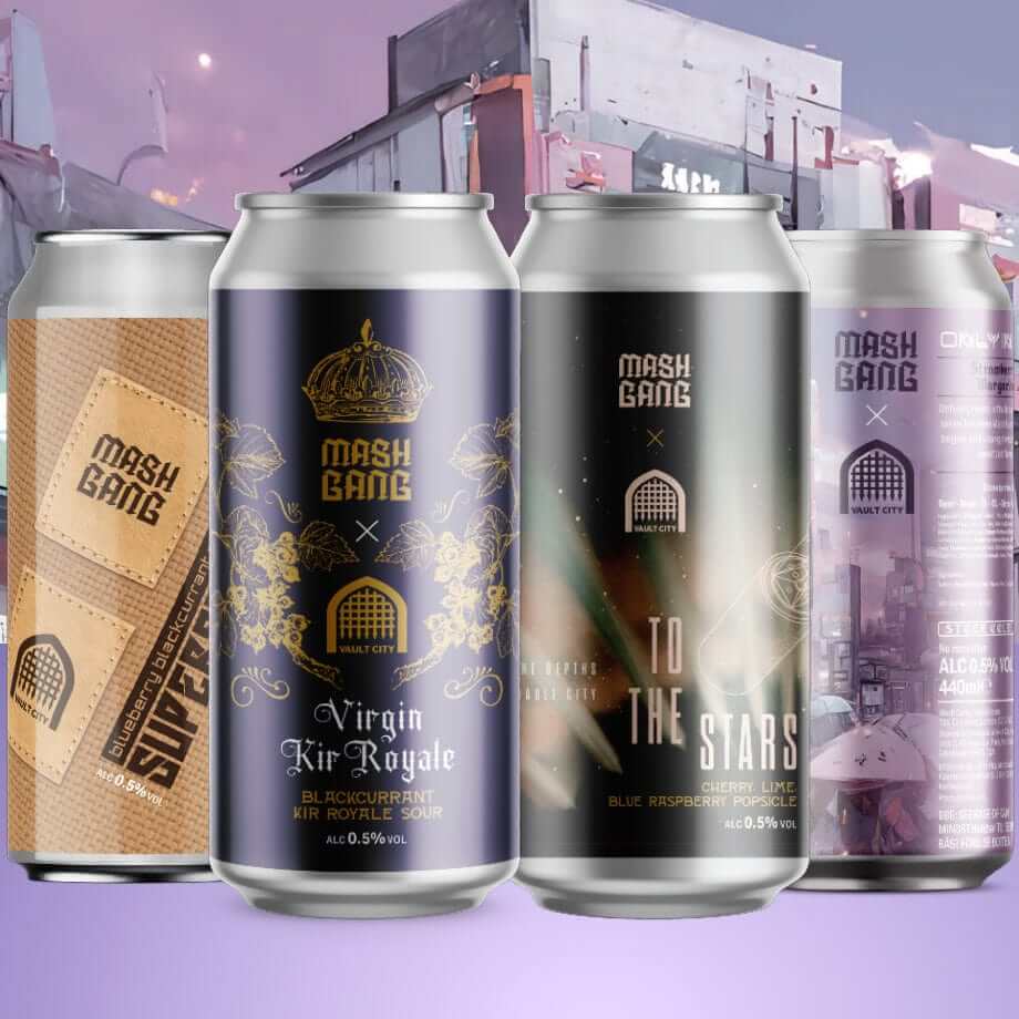 8-Pack AF Bundle of 440ml Mash Gang collaboration beers including Virgin Kir Royale, Twice the Stars, and more with festive scenery