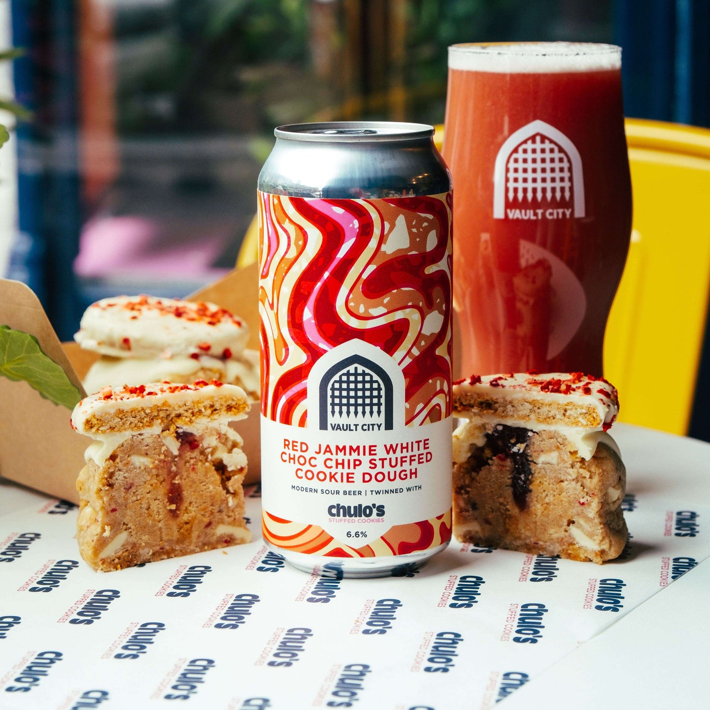 Red Jammie White Choc Chip Stuffed Cookie Dough can with dessert sour beer, strawberries, white chocolate, and cookie dough treats