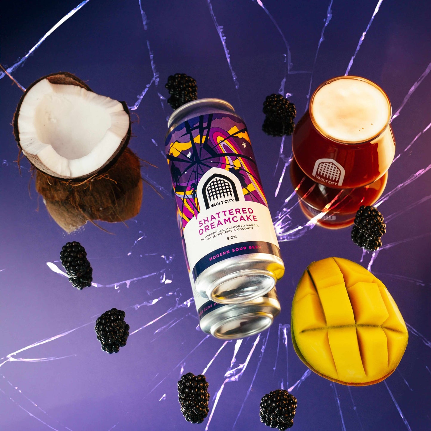 Shattered Dreamcake beverage with coconut, blackberries, mango, and creamy texture, inspired by Danish dessert.