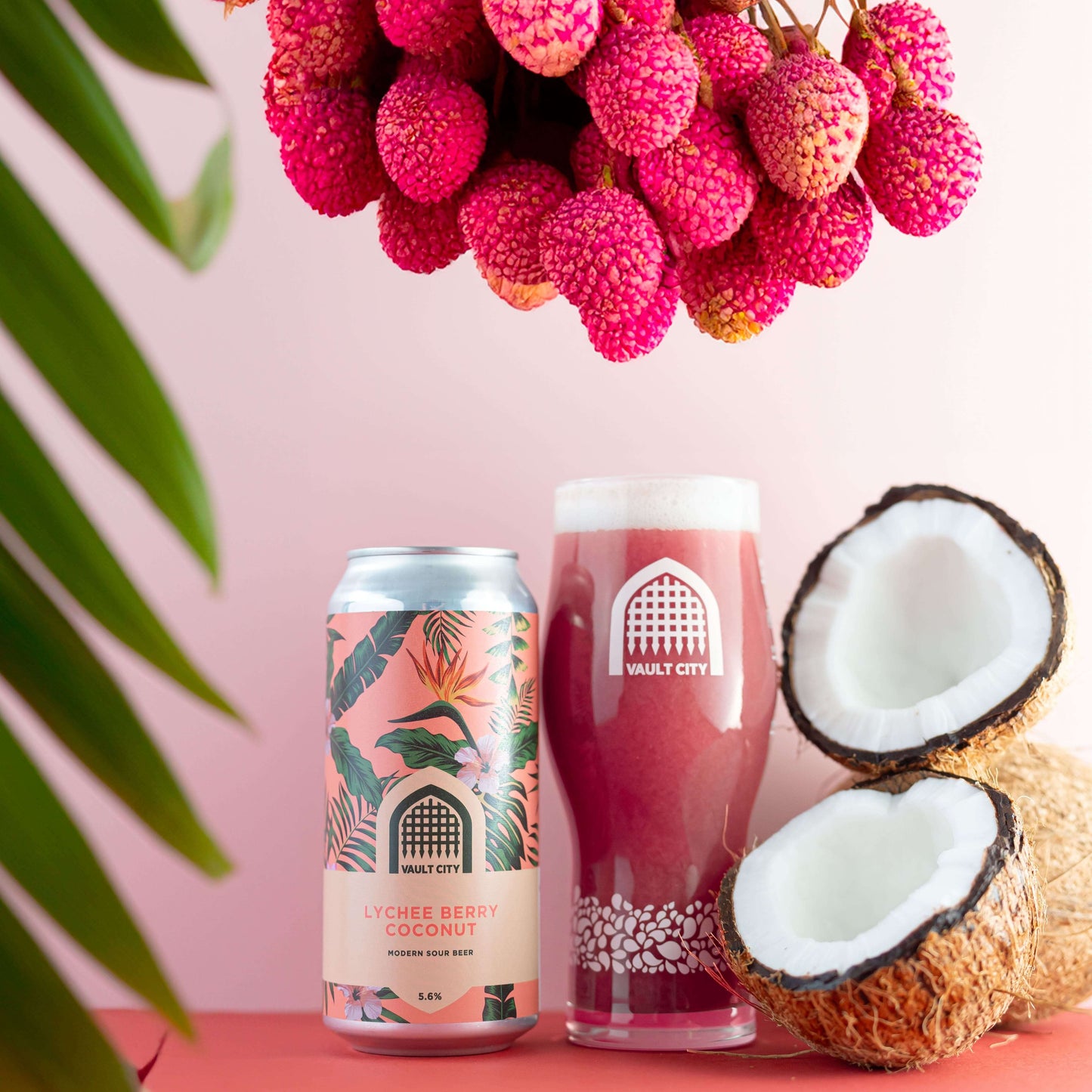 Lychee Berry Coconut drink with vibrant tropical flavors of lychee, coconut, Scottish strawberries, and blackberries, showcased with fresh fruits.