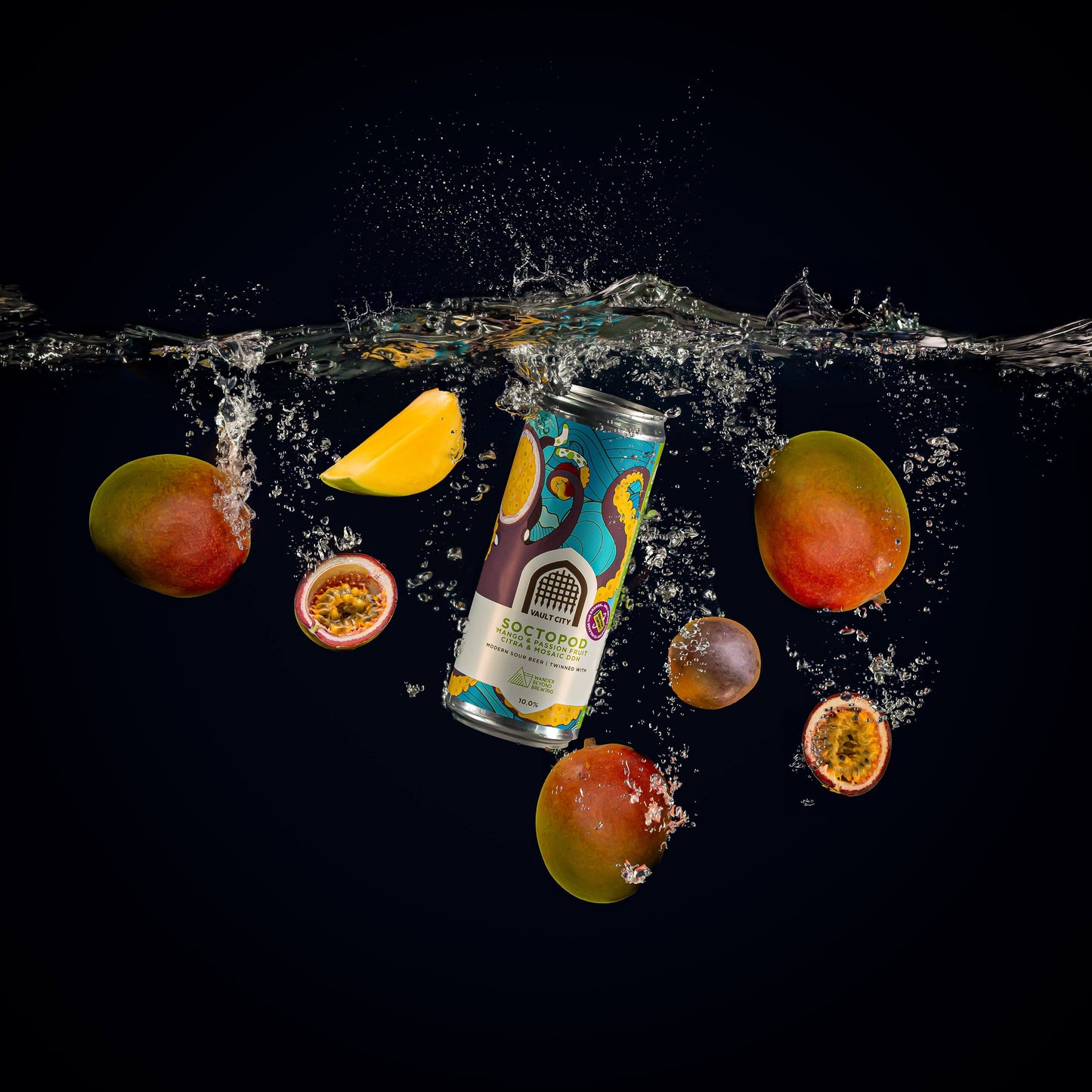 Soctopod DDH Citra & Mosaic Imperial Sour IPA can surrounded by floating passion fruits and Alphonso mangoes in water.