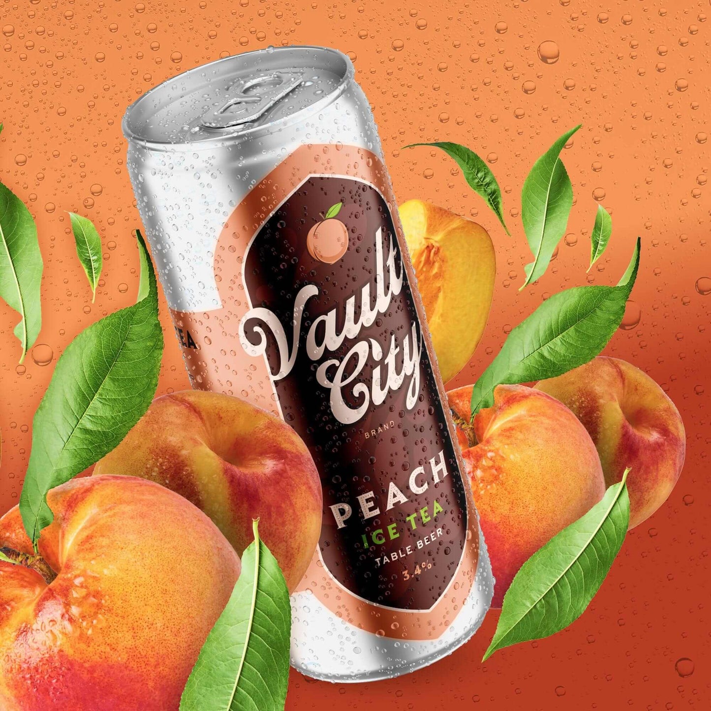Can of Vault City Peach Ice Tea Table Sour with peaches and green leaves on a refreshing background.