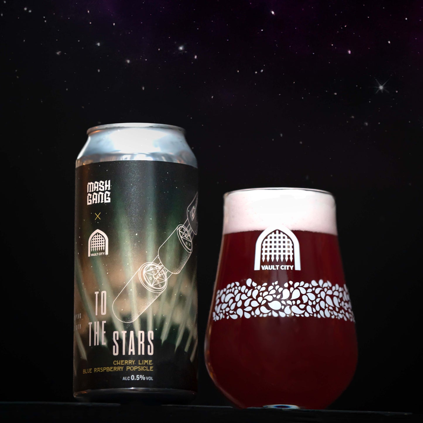 To the Stars sour beer can by Mash Gang Vault City next to filled glass against starry background