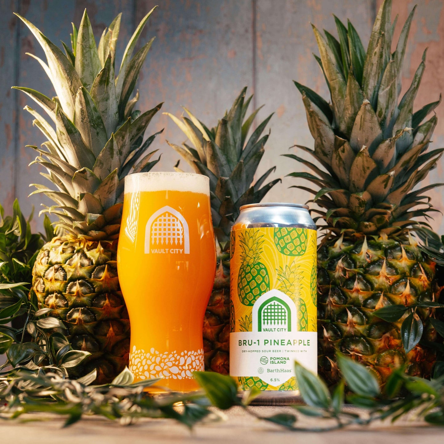 BRU-1 Pineapple sour IPA by Vault City, Pomona Island, and Barthhaas, with a glass and can surrounded by fresh pineapples.