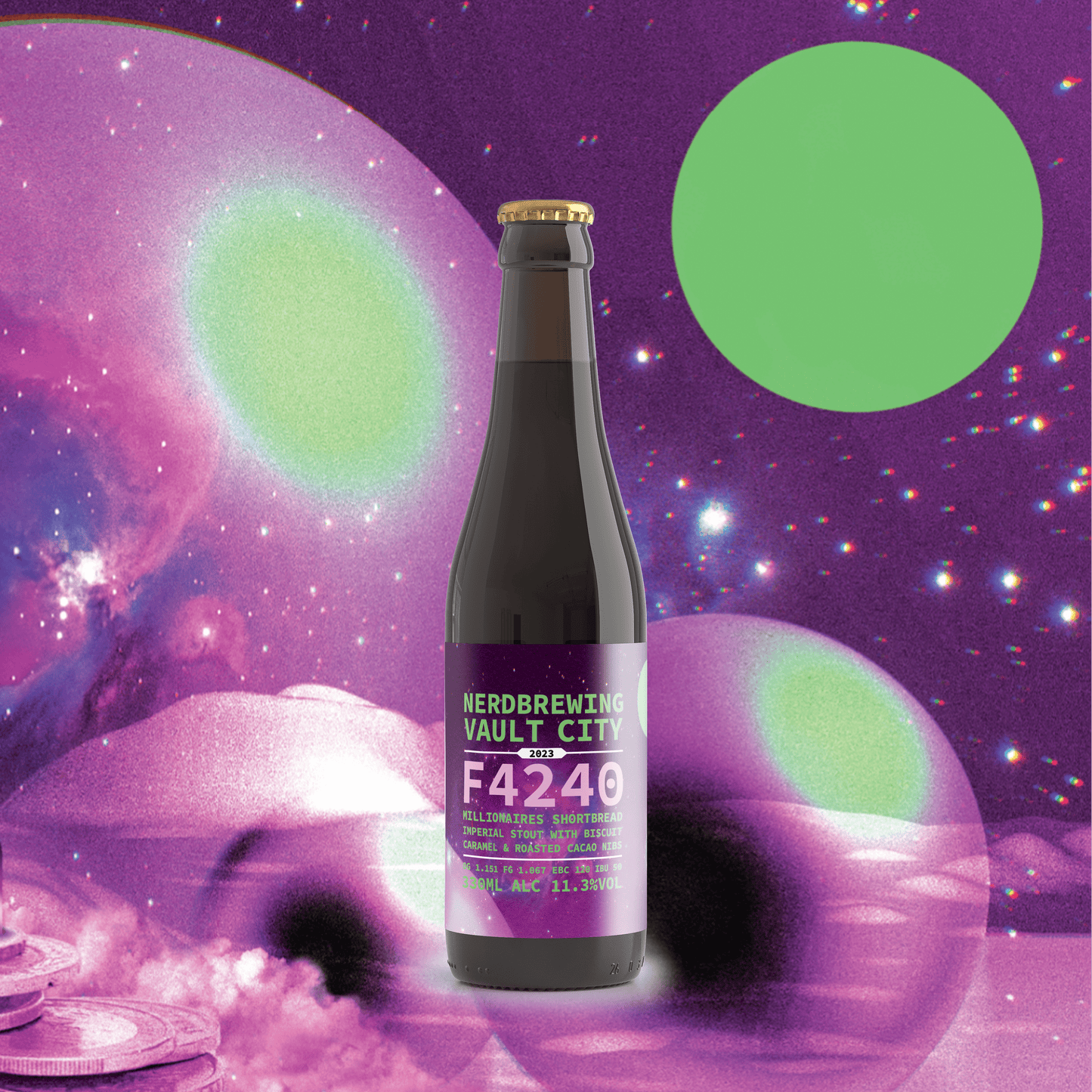 F4240 Millionaire's Shortbread Imperial Stout collaboration beer by Nerd Brewing and Vault City against a cosmic background.