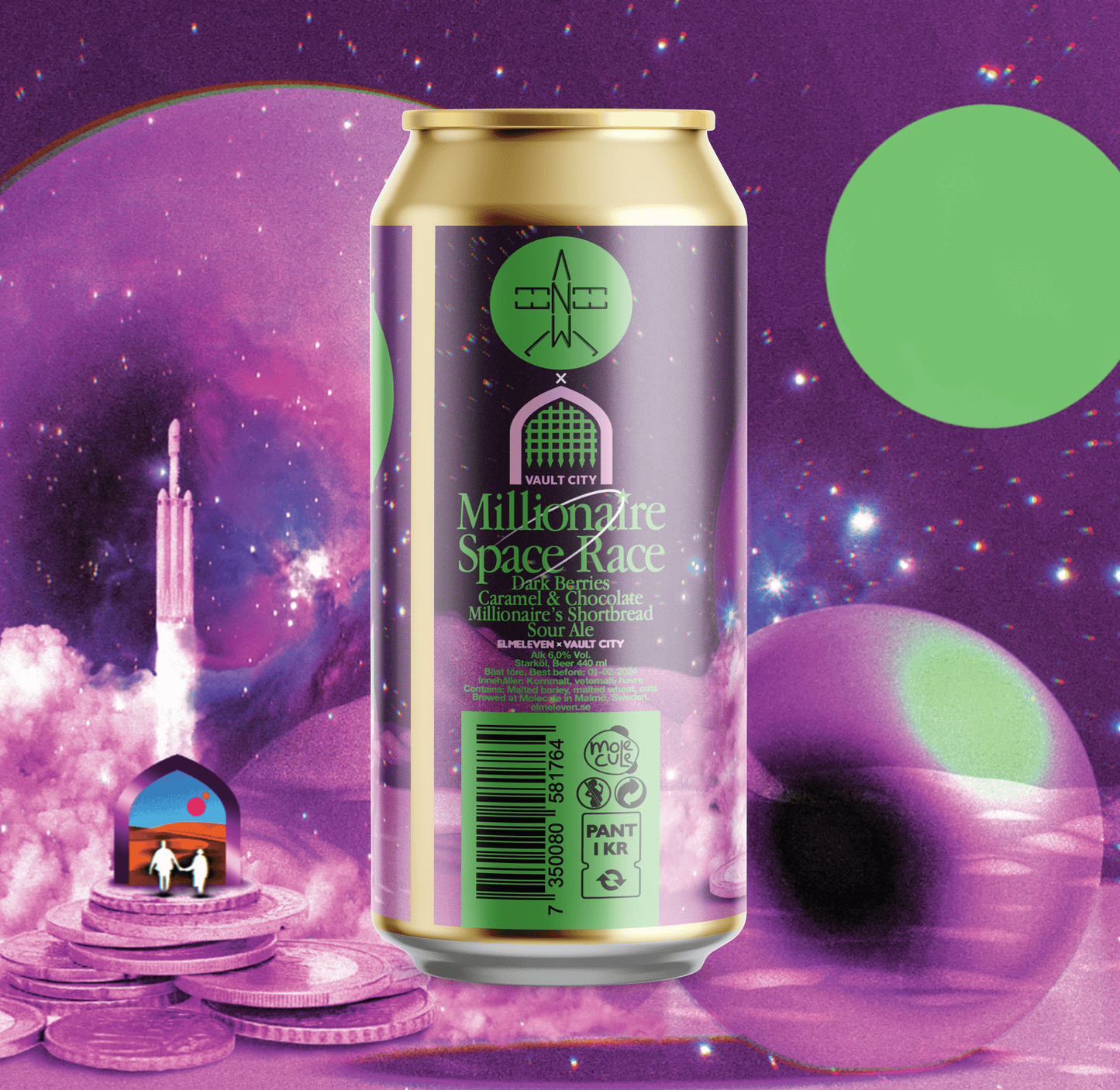 Millionaire Space Race beer can with dark berries, caramel, and chocolate flavors by Elmeleven x Vault City on a space-themed background