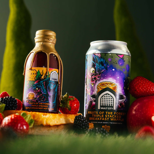 Fruits of the Forest Triple Stacked Breakfast Waffle Beer and Sauce Bundle with fresh berries and green background.