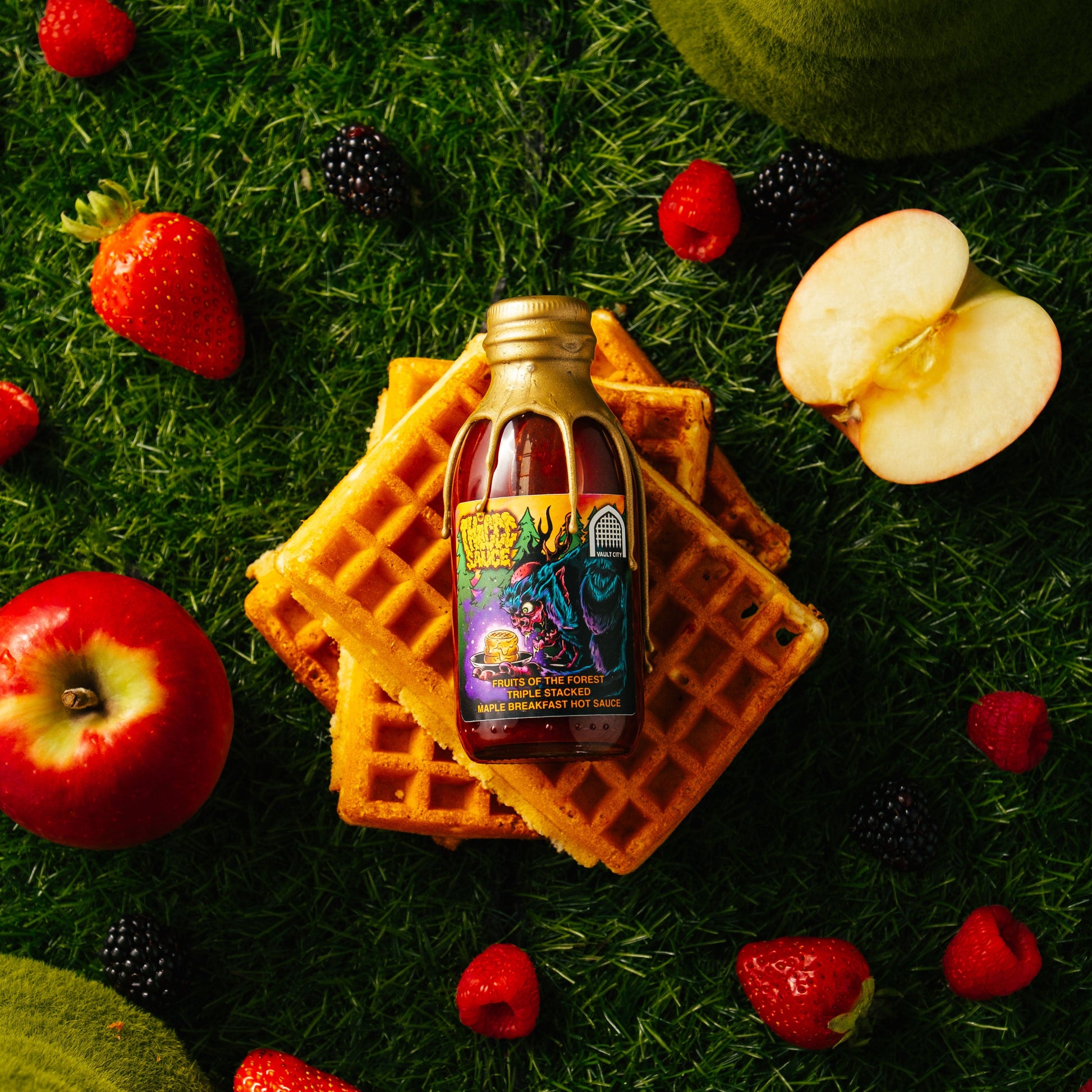 Fruits of the Forest Triple Stacked Maple Breakfast Hot Sauce bottle on waffles with strawberries and apples