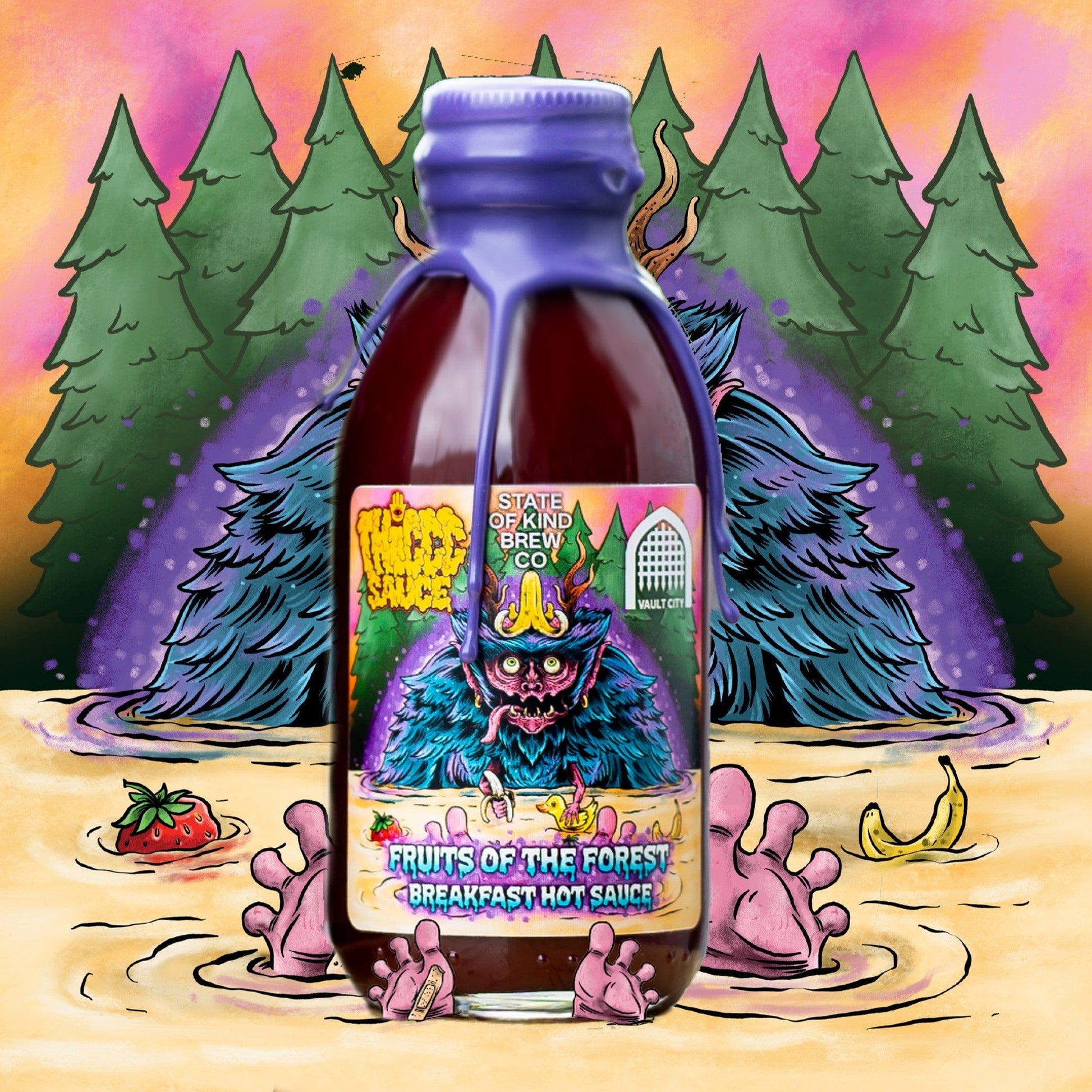 Fruits of the Forest Breakfast Hot Sauce by Thiccc x Vault City - Unique blend with fruits, maple syrup, spices, and Indonesian coffee.