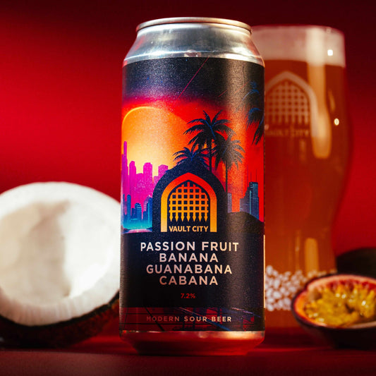 Tropical Passion Fruit Banana Guanabana Cabana sour beer can with a sunset background, surrounded by passion fruit and coconut.