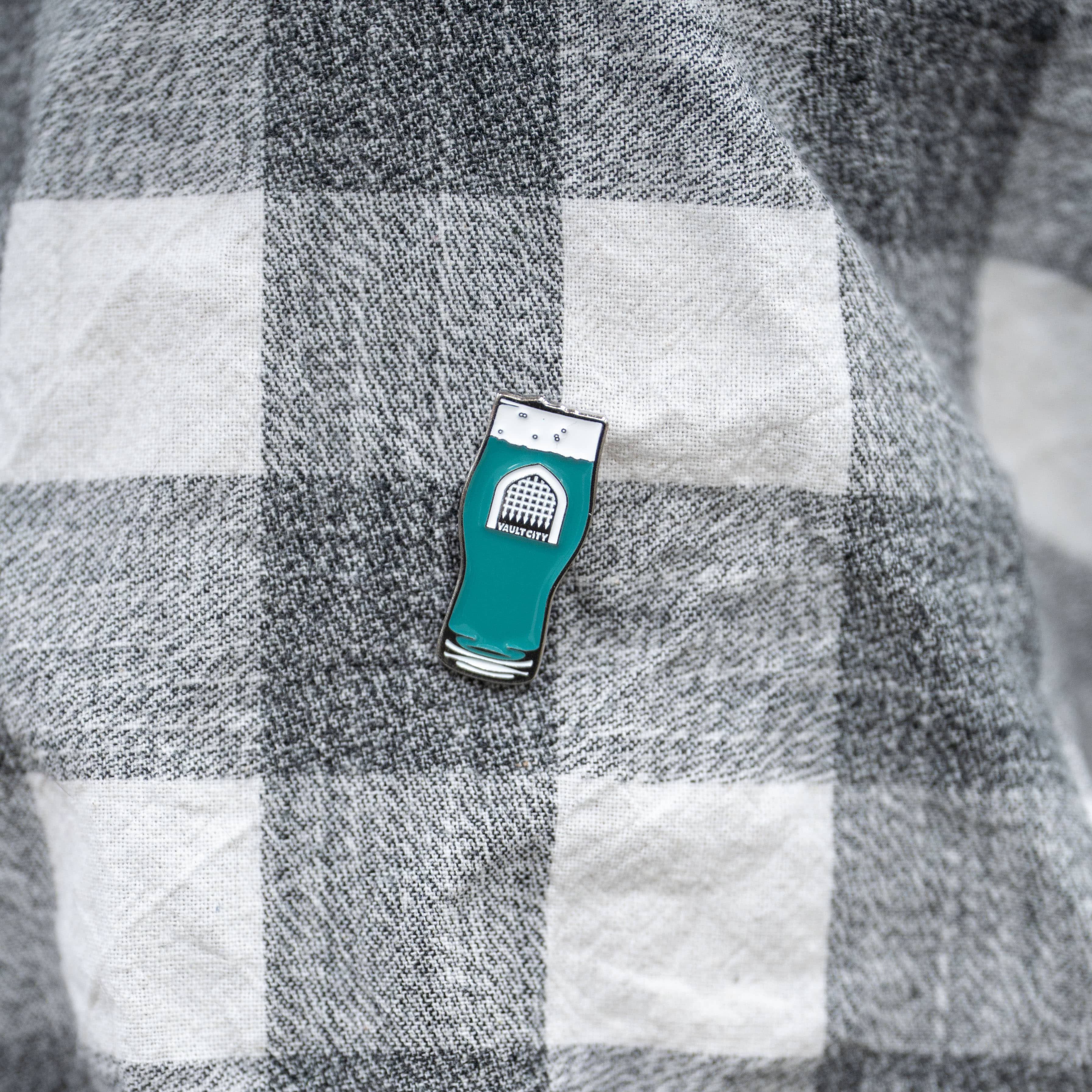 Vault City Blue Pint Pin Badge