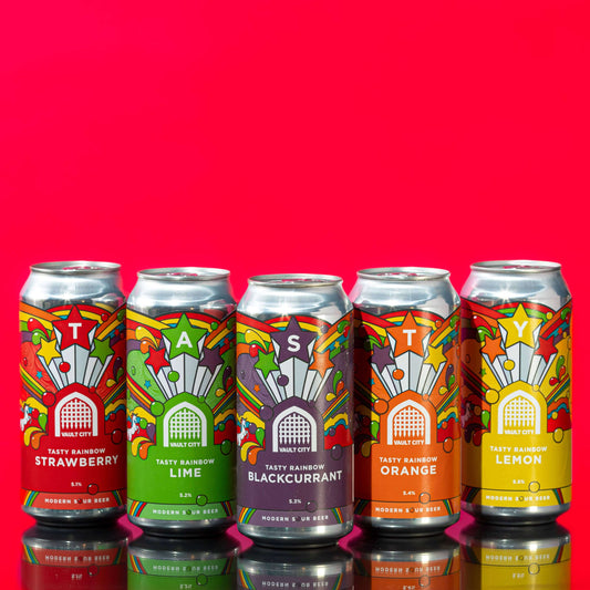 Tasty Rainbow Bundle featuring cans of Strawberry, Lime, Blackcurrant, Orange, and Lemon flavoured sours against a vibrant red background