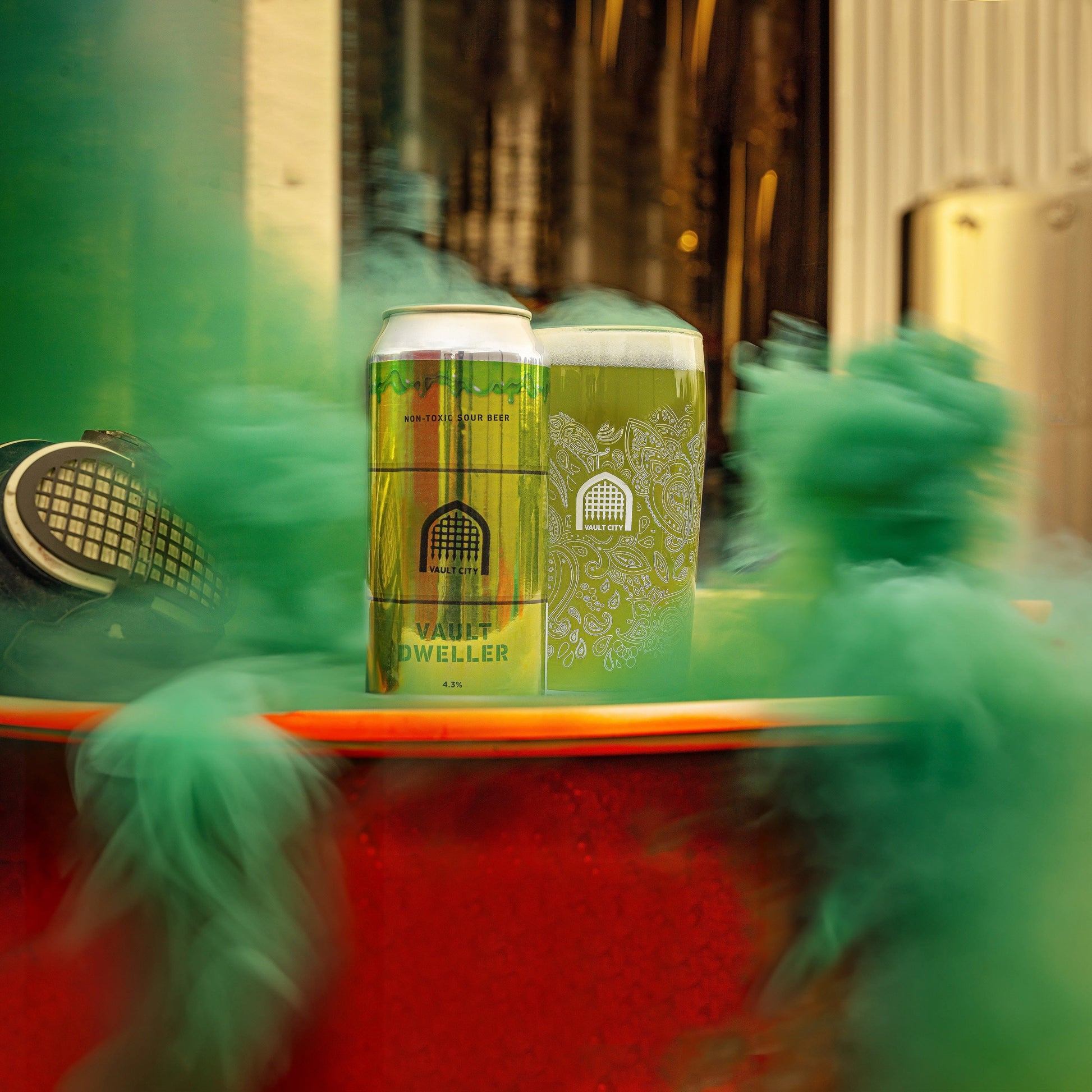 Two cans of Vault Dweller sour beer on a table surrounded by green smoke, with subtle background details and a vintage ambiance.