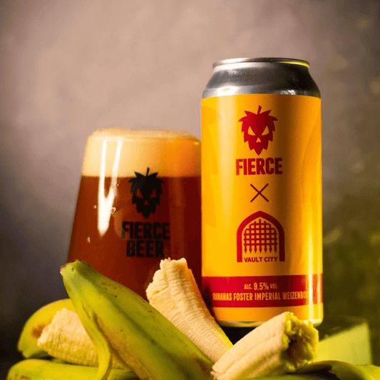 Bananas Foster Imperial Weizenbock can and glass from Fierce x Vault City collaboration with bananas